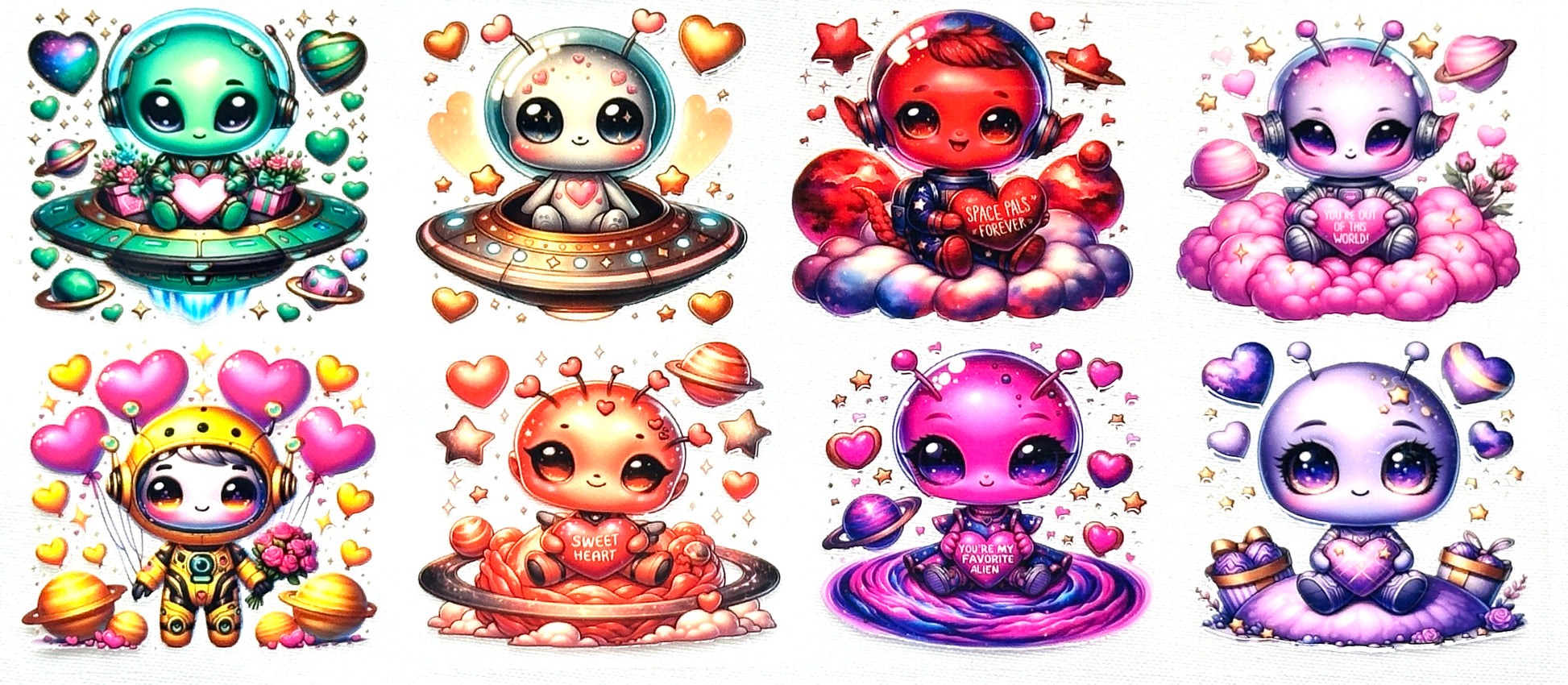 Set of eight colorful cartoon characters with various poses and accessories 