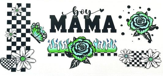 Decorative design with 'boy MAMA' text surrounded by floral and checkered patterns 