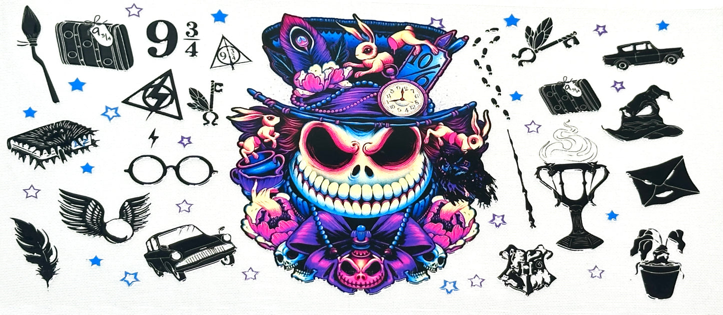 Colorful skull design with top hat and various magic-themed icons 