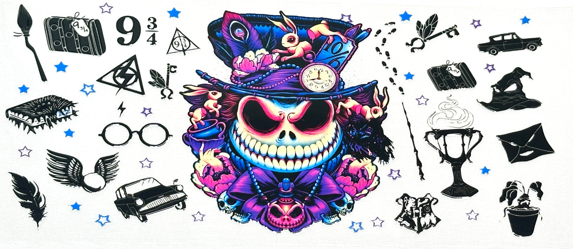 Colorful skull design with top hat and various magic-themed icons 