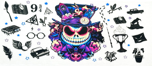 Colorful skull design with top hat and various magic-themed icons 