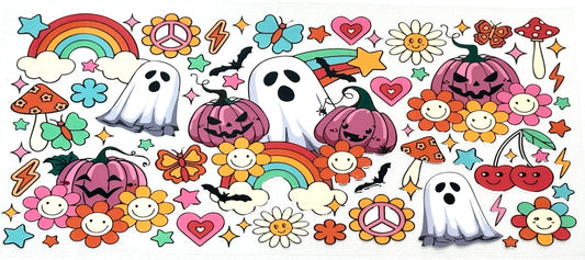 Colorful Halloween-themed stickers with ghosts, pumpkins, and flowers 