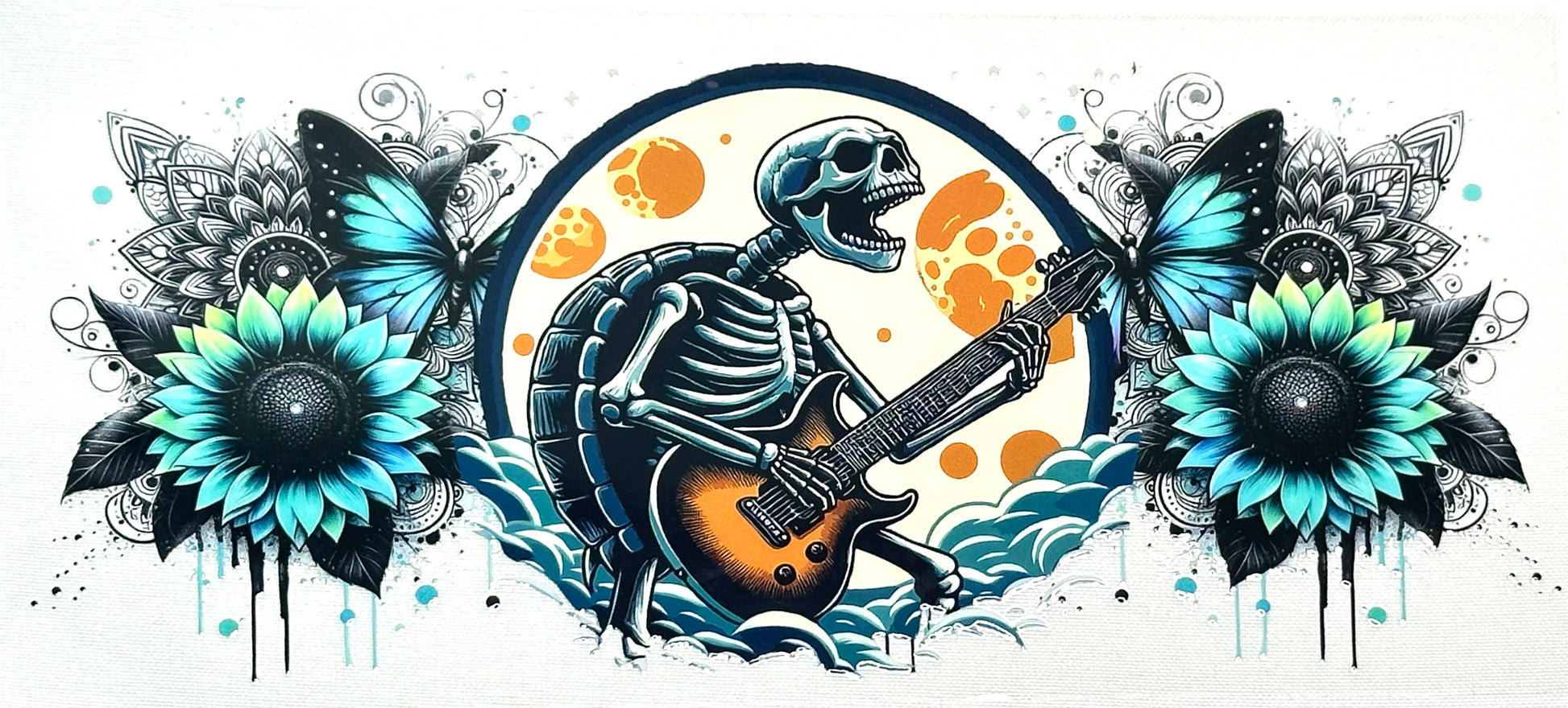 Skeletal figure playing a guitar surrounded by flowers and butterflies 