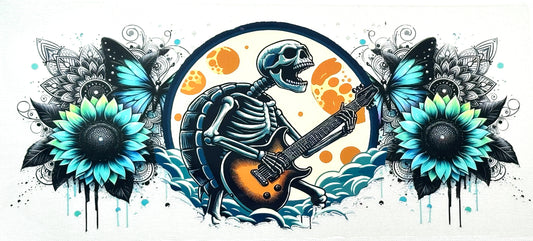 Skeletal figure playing a guitar surrounded by flowers and butterflies 