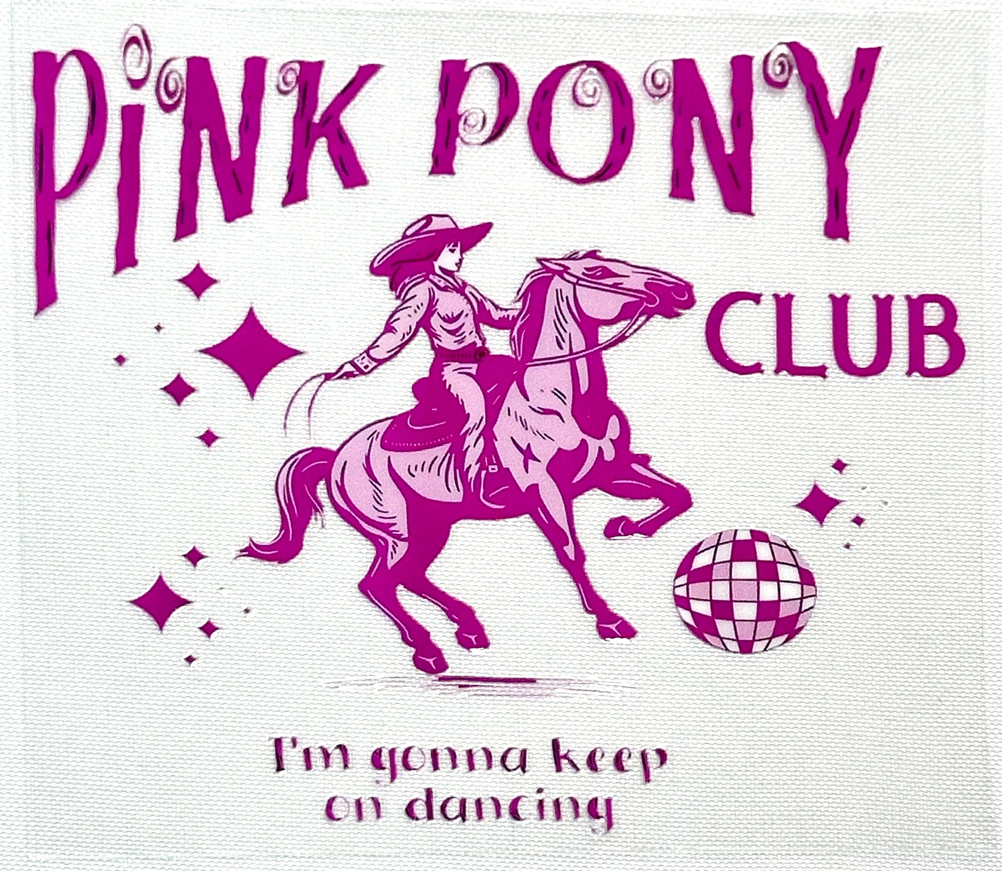 Logo of Pink Club with a rider on a horse and disco ball, 