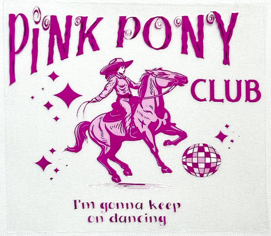 Logo of Pink Club with a rider on a horse and disco ball, 