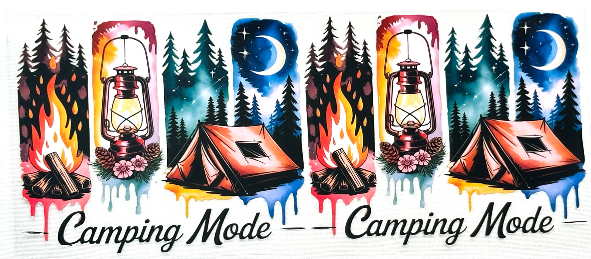 Illustrations of camping scenes with lanterns, tents, and campfires against a night sky with trees.