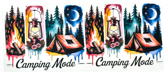 Illustrations of camping scenes with lanterns, tents, and campfires against a night sky with trees.