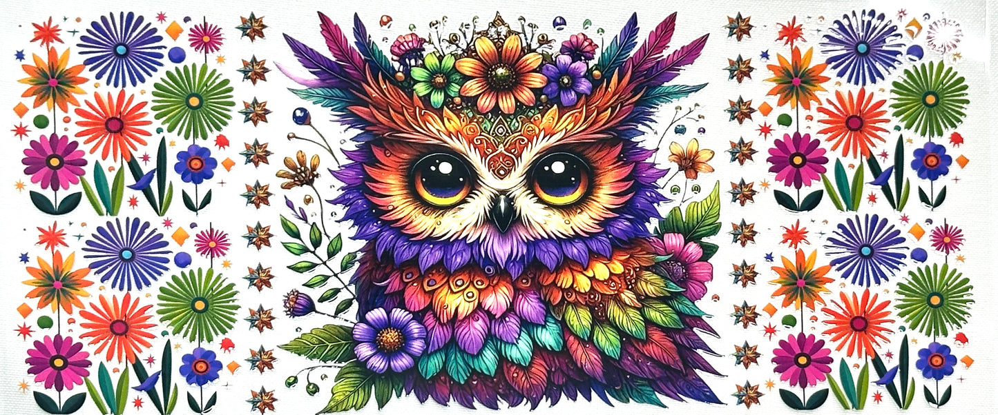 Colorful owl design surrounded by flowers 