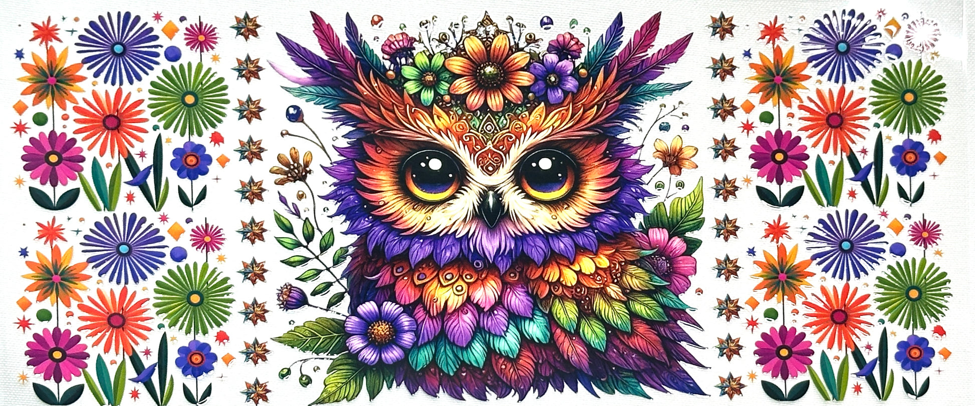Colorful owl design surrounded by flowers 