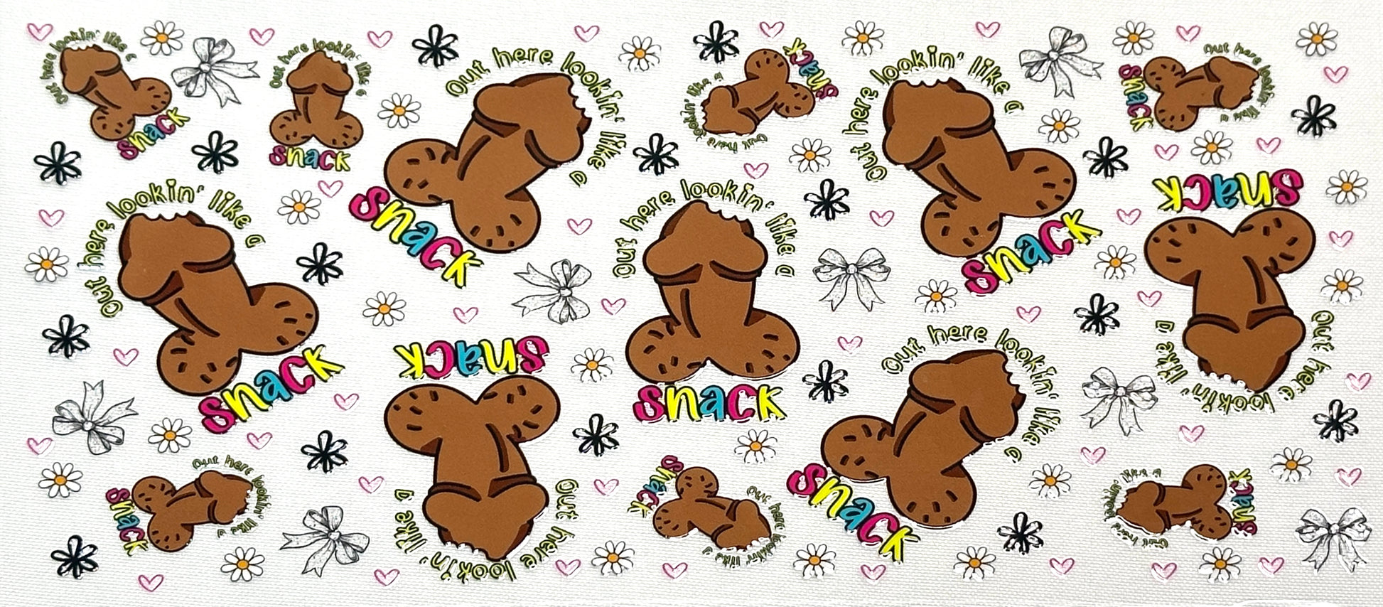 Pattern of cartoonish brown shoes with colorful text and decorative elements 