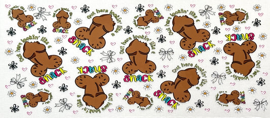 Pattern of cartoonish brown shoes with colorful text and decorative elements 