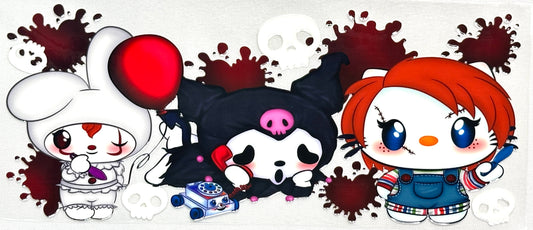 Three cartoon characters with a stylized background featuring red and black splashes.