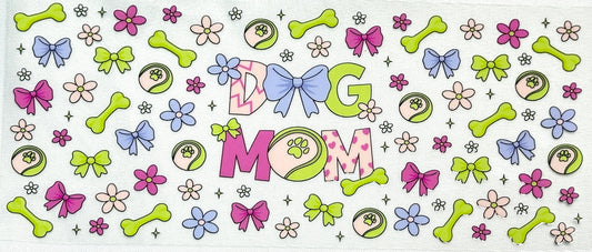 Decorative banner with 'Dog Mom' text surrounded by bows, flowers, and bones 