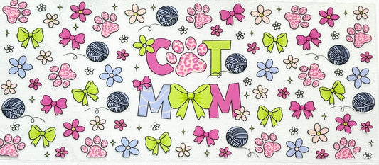 Colorful pattern with 'Cat Mom' text surrounded by flowers, bows, and paw prints.