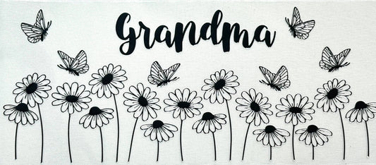 Black and white illustration of flowers and butterflies with 'Grandma' text 