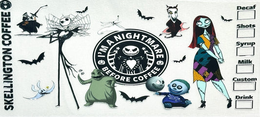 Starbucks menu with 'Skellington Coffee' and 'I'm a Nightmare Before Coffee' branding featuring characters 
