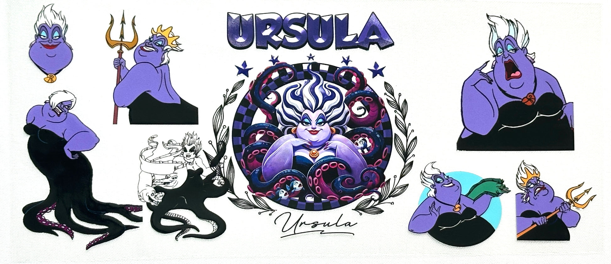 Illustrations of Ursula with various poses and styles.