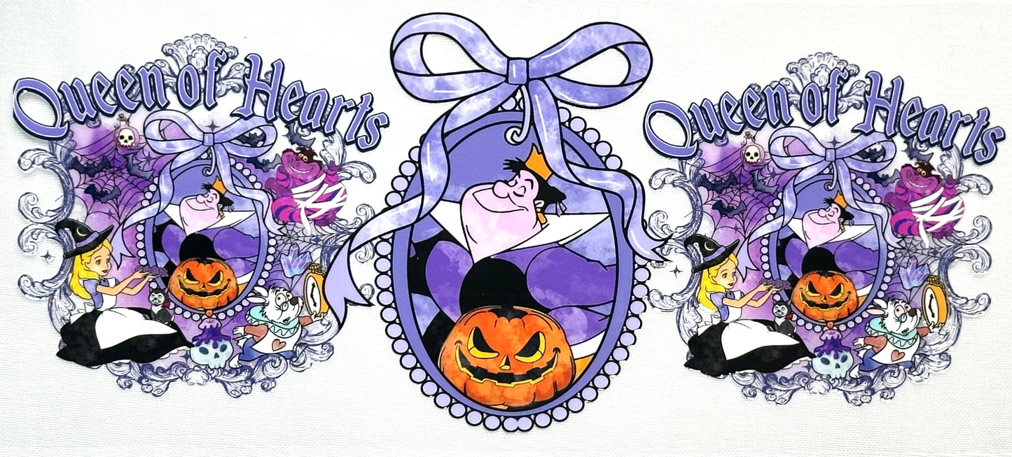 Decorative banner with 'Queen of Hearts' design featuring a witch, pumpkin, and decorative elements.