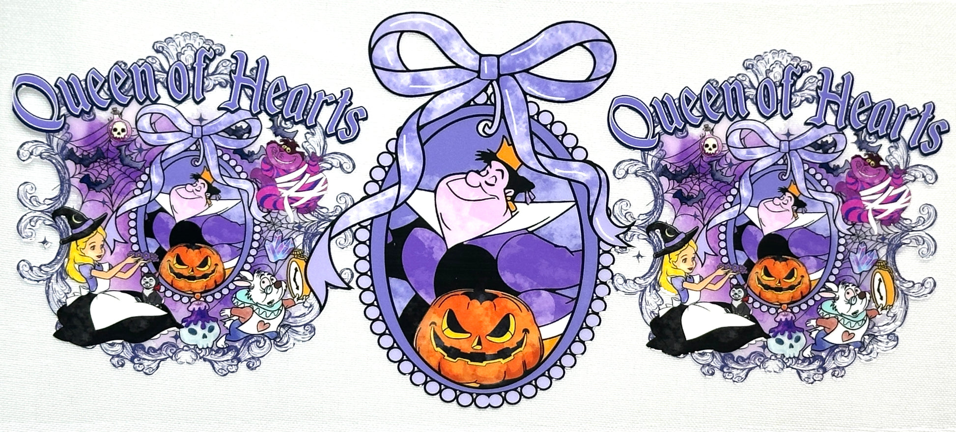 Decorative banner with 'Queen of Hearts' design featuring a witch, pumpkin, and decorative elements.