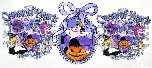 Decorative banner with 'Queen of Hearts' design featuring a witch, pumpkin, and decorative elements.