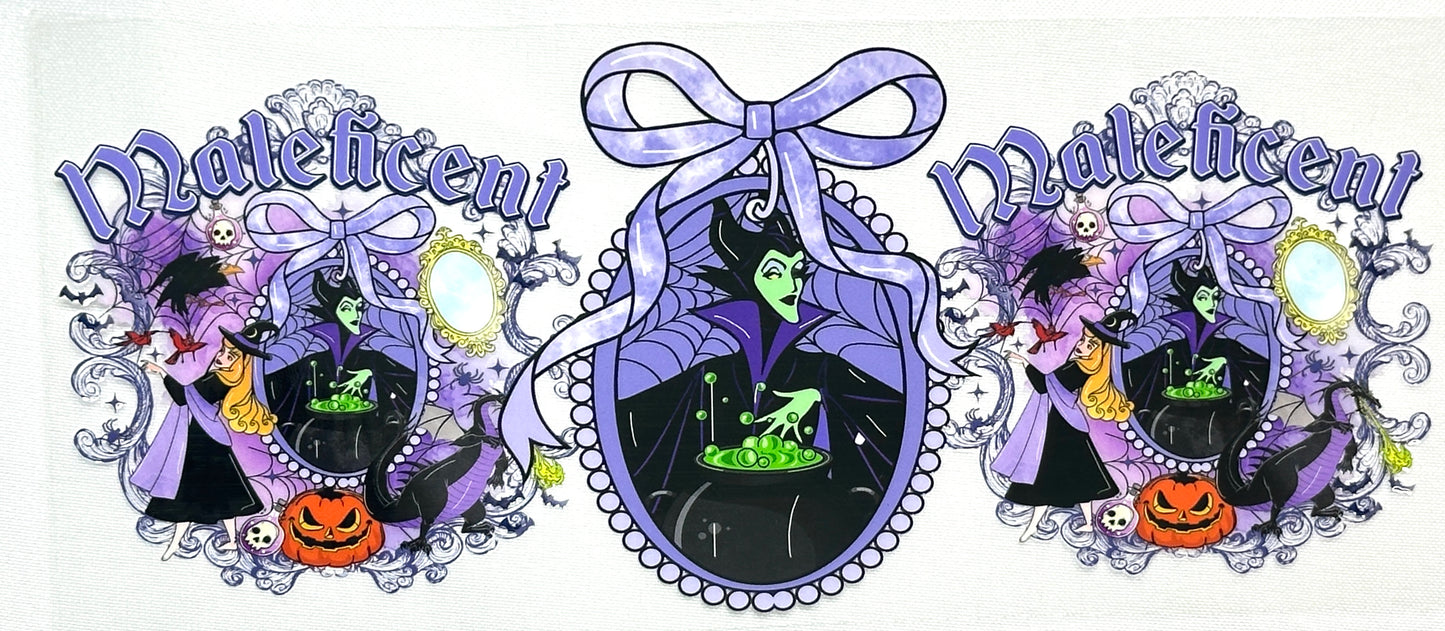 Three decorative stickers of Maleficent with purple accents and Halloween elements.