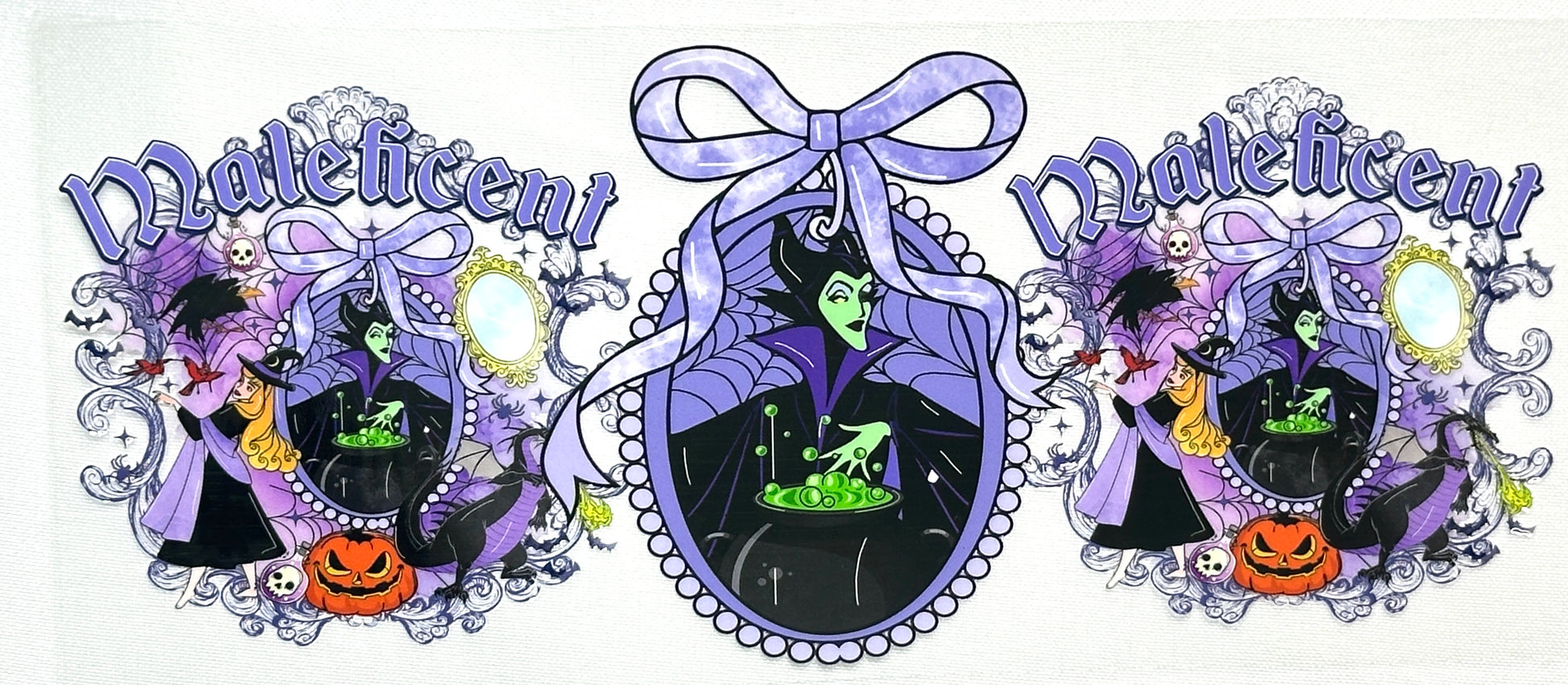 Three decorative stickers of Maleficent with purple accents and Halloween elements.