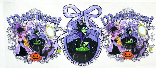 Three decorative stickers of Maleficent with purple accents and Halloween elements.