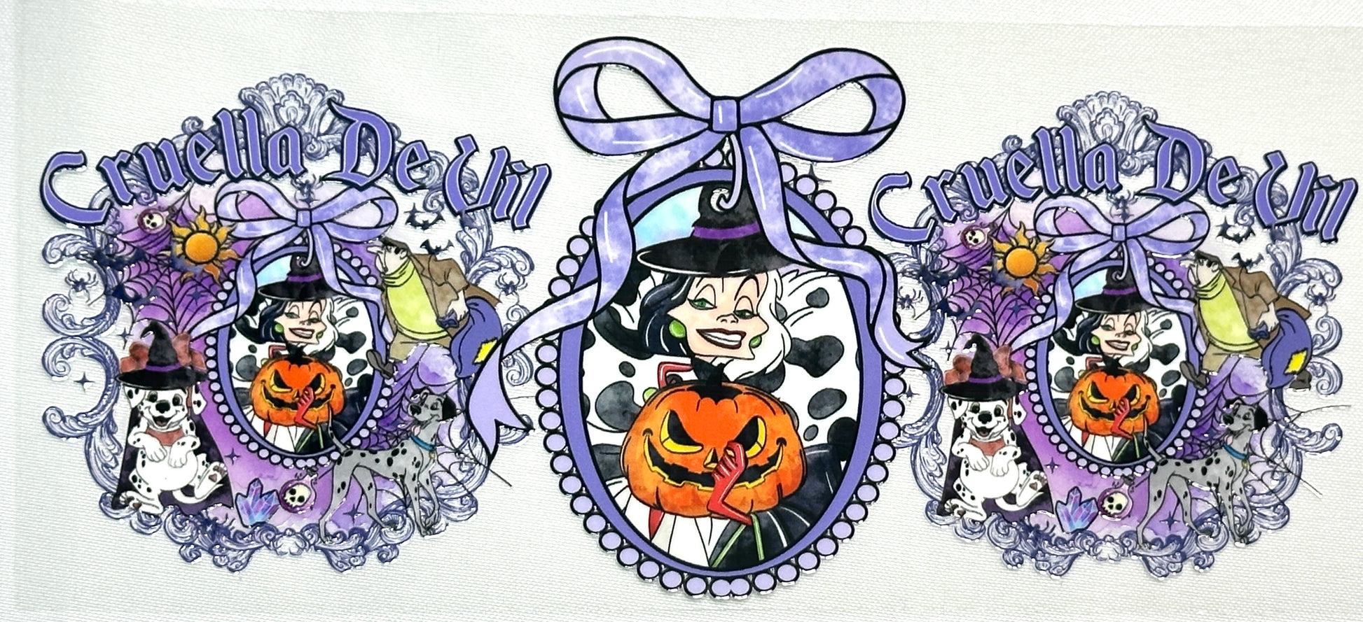 Decorative sticker with a witch design and 'Cruella text, featuring purple and orange colors.
