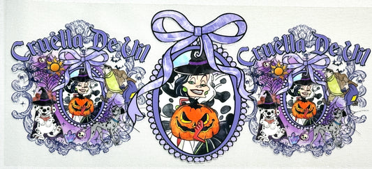 Decorative sticker with a witch design and 'Cruella text, featuring purple and orange colors.