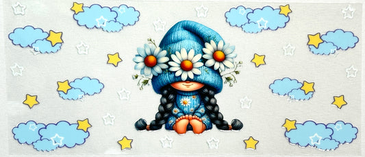 Cartoon character with a blue hat and flowers surrounded by clouds and stars