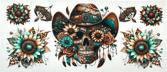 Decorative design with a skull wearing a cowboy hat surrounded by flowers and feathers.