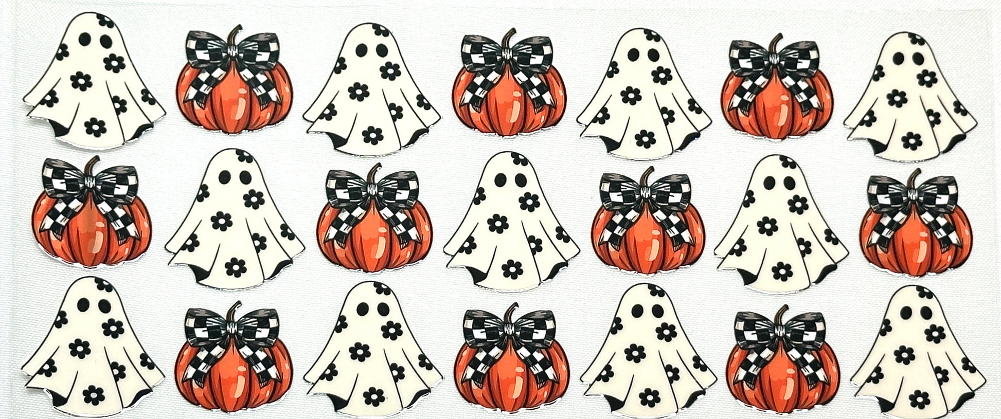 Set of decorative stickers featuring pumpkins, ghosts, and ghosts with bows 