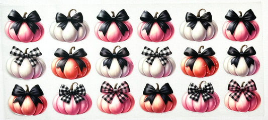 Set of decorative pumpkins with bows in various colors 