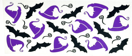Halloween-themed design with purple witch hats and black bats 