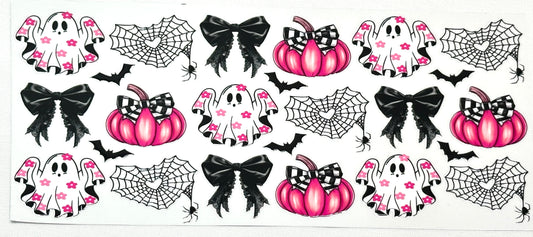 Halloween-themed stickers with ghosts, pumpkins, and bows background