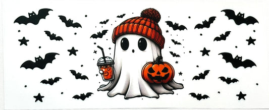 Cartoon ghost character with a drink and pumpkin, surrounded by bats and stars 