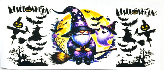 Halloween-themed wall decal set with a gnome, witch, and pumpkins background.