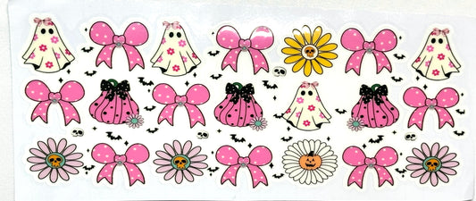 Sticker sheet with pink bows, dresses, and flowers