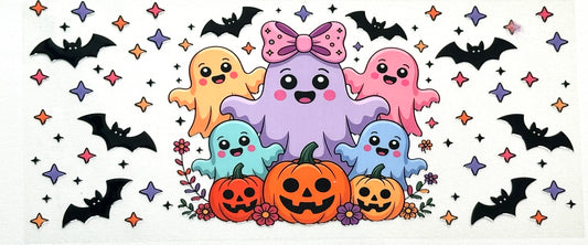Cartoon ghosts with a pumpkin and bats 