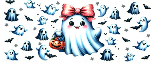 Cartoon ghost with a bow and pumpkin surrounded by smaller ghosts and bats 