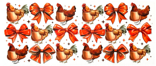 Pattern of chickens and red bows with decorative elements 
