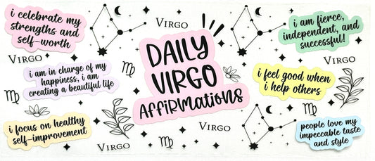 Collection of Virgo daily affirmations with astrological symbols and text 