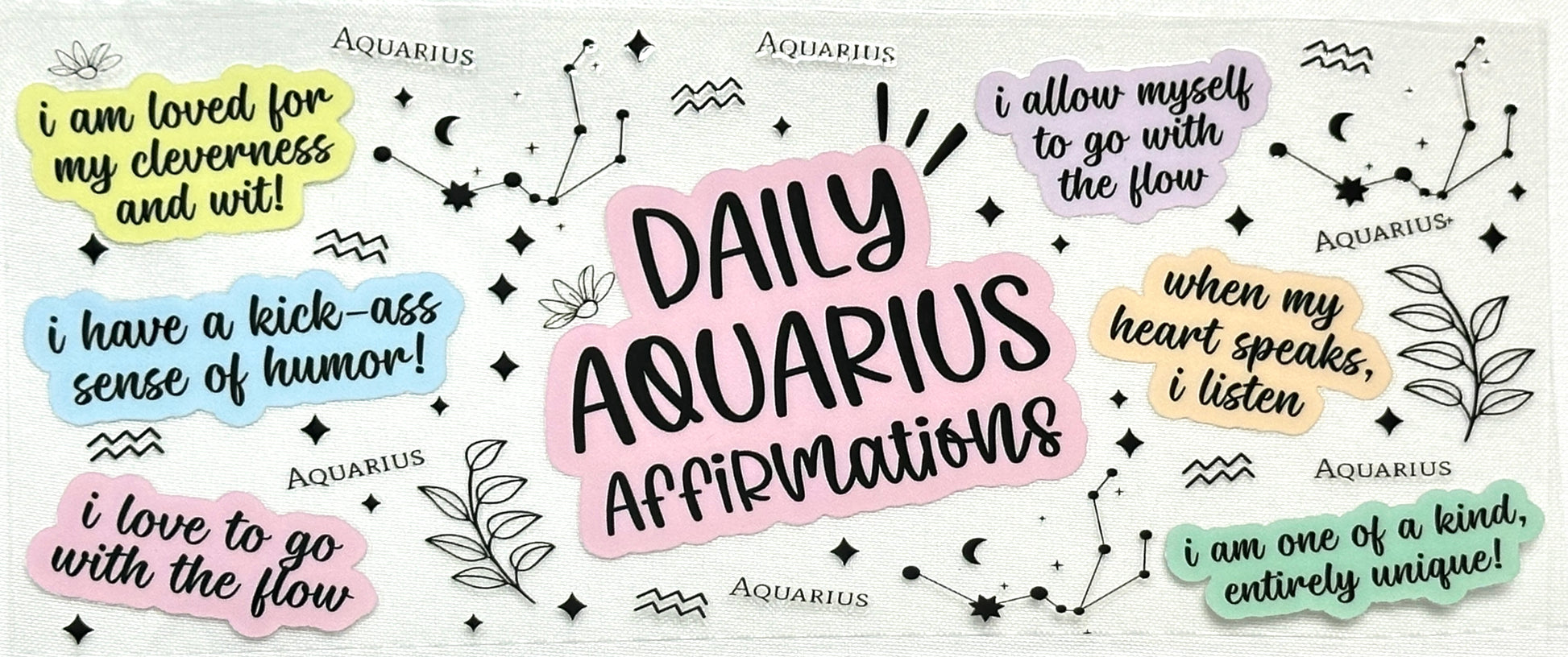 Collection of Aquarius-themed affirmations with colorful text and decorative elements 