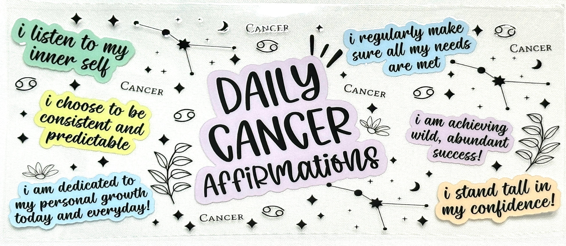 Daily Cancer Affirmations card with motivational phrases and Cancer zodiac symbols.