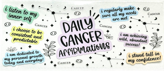 Daily Cancer Affirmations card with motivational phrases and Cancer zodiac symbols.