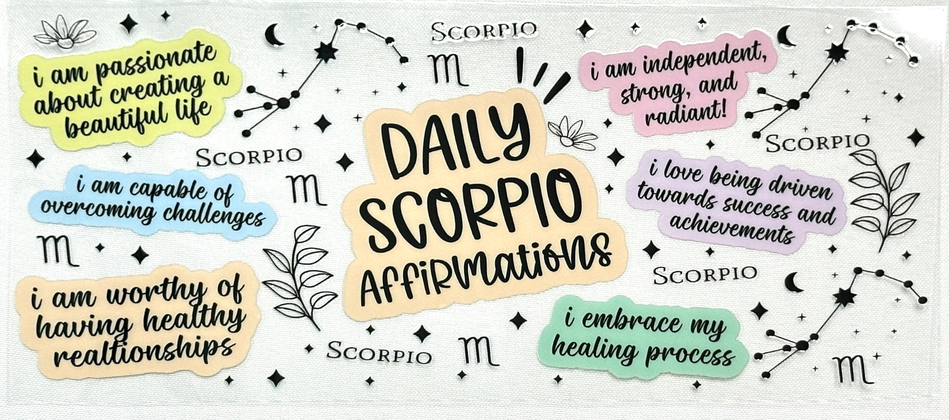 Scorpio zodiac daily affirmations with motivational phrases and astrological symbols.