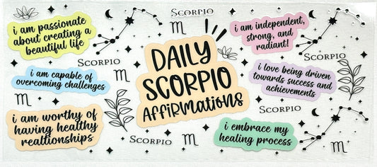 Scorpio zodiac daily affirmations with motivational phrases and astrological symbols.