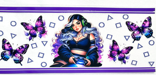 Illustration of a character with purple hair and butterflies on a geometric patterned background