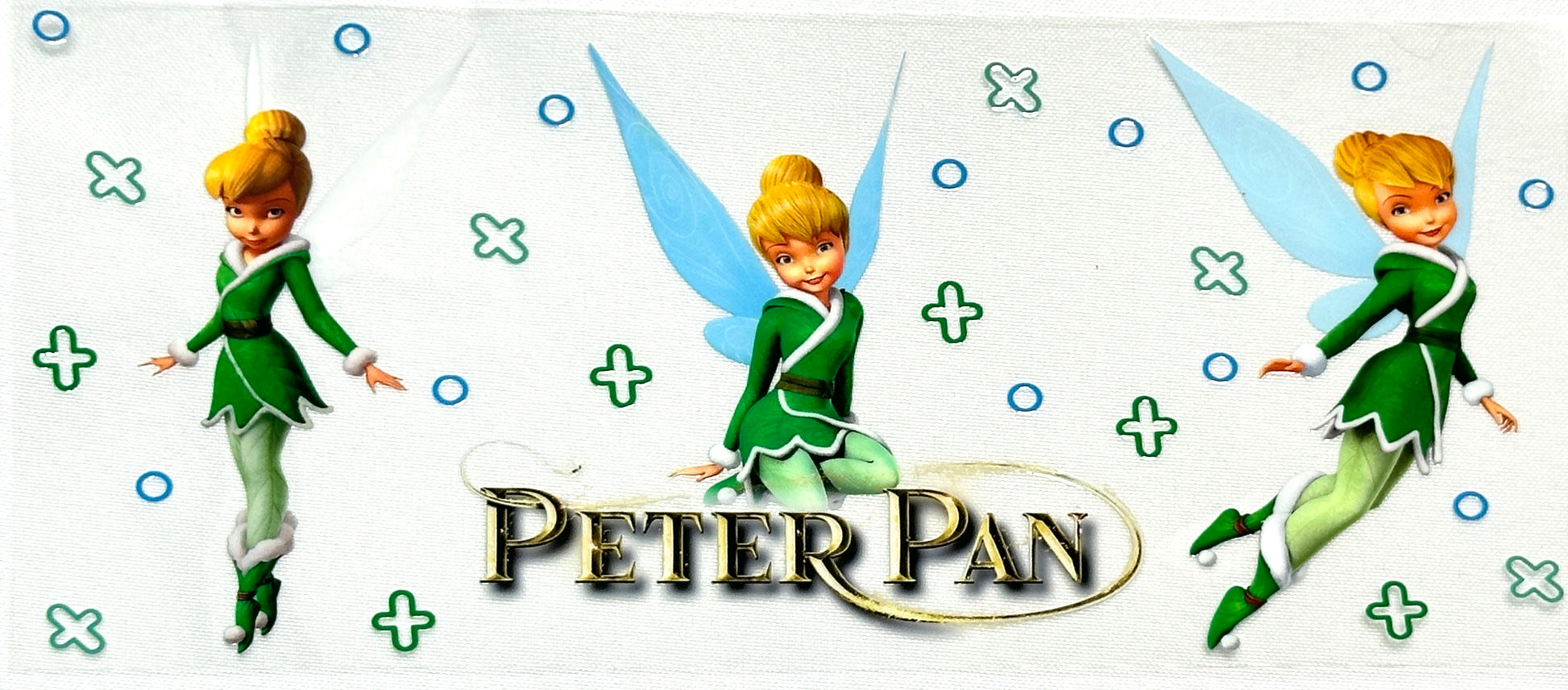 Three animated fairies in green dresses with blue wings on a white background, featuring the 'P Pan' logo.